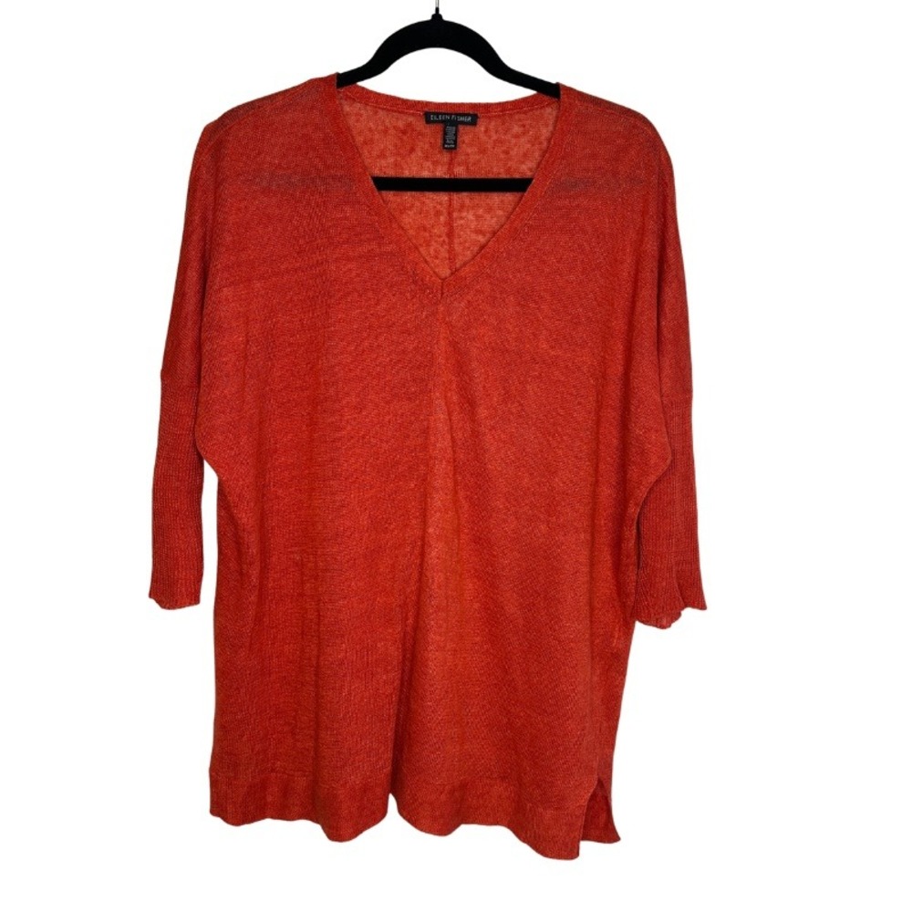 Eileen‎ Fisher Womens XS 100% Linen V-Neck Knit Sweater Top OVERSIZED Orange Red